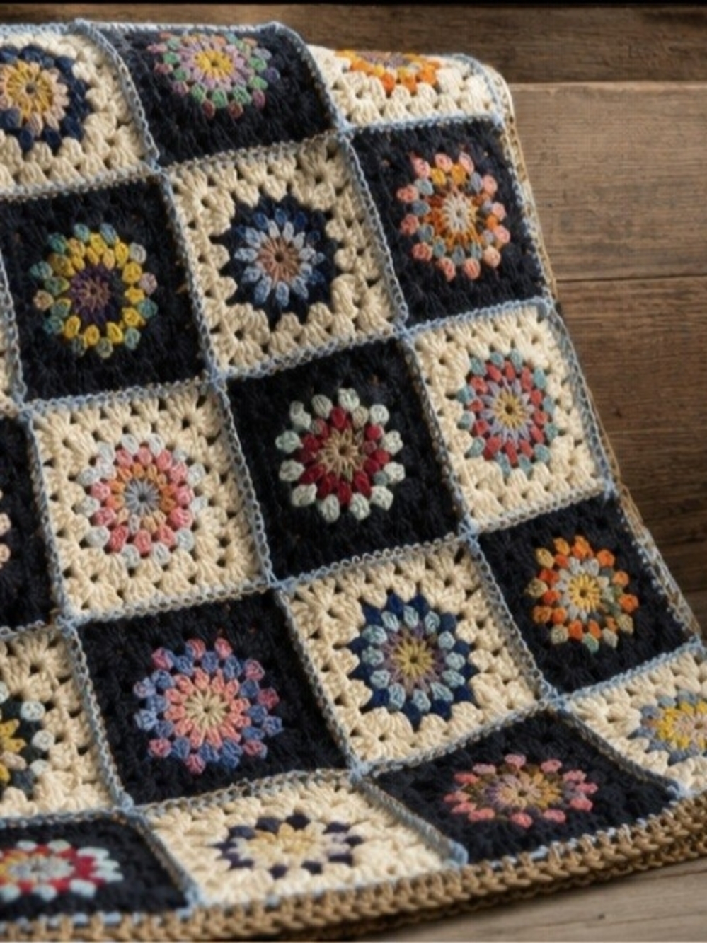 Handmade Crochet Granny Square Throw - Navy, Cream & Multicolor - Picture 2 of 5
